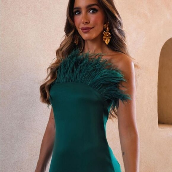 BLOGGER’S FAVE | NWT Zara - Green Feather Satin Effect Strapless Dress - Picture 5 of 16